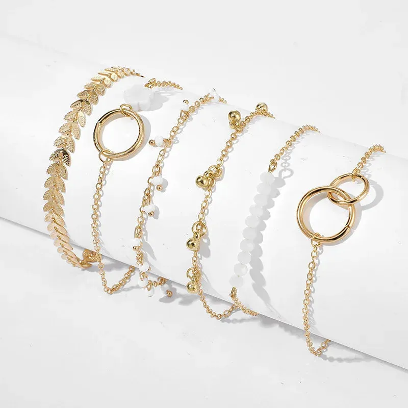 6-piece Set of Multi-layered Retro Stacked Fishbone Chain Small Flower Leaf Pendant Bracelet Gift for Women Girls Jewelry