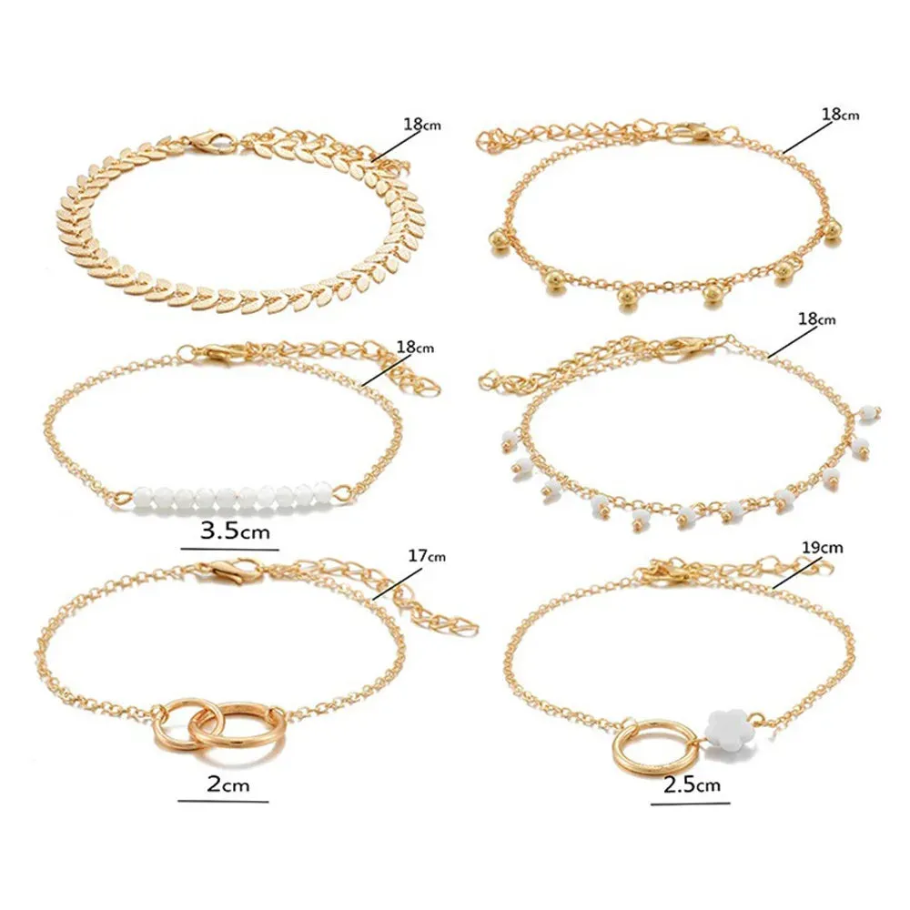 6-piece Set of Multi-layered Retro Stacked Fishbone Chain Small Flower Leaf Pendant Bracelet Gift for Women Girls Jewelry
