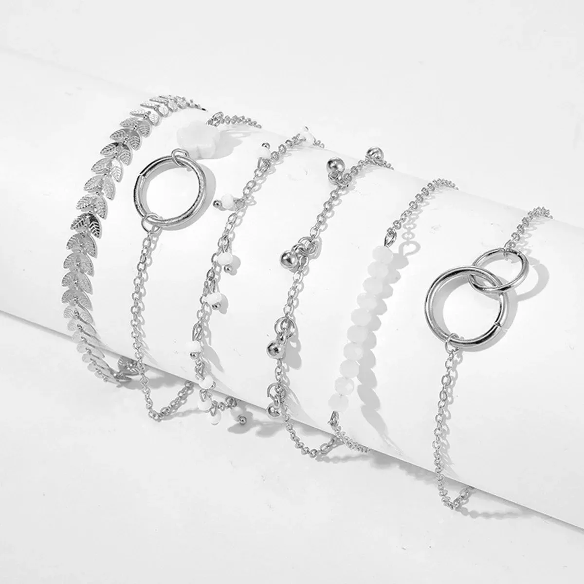 6-piece Set of Multi-layered Retro Stacked Fishbone Chain Small Flower Leaf Pendant Bracelet Gift for Women Girls Jewelry