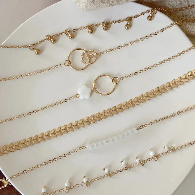 6-piece Set of Multi-layered Retro Stacked Fishbone Chain Small Flower Leaf Pendant Bracelet Gift for Women Girls Jewelry