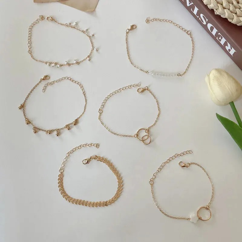 6-piece Set of Multi-layered Retro Stacked Fishbone Chain Small Flower Leaf Pendant Bracelet Gift for Women Girls Jewelry