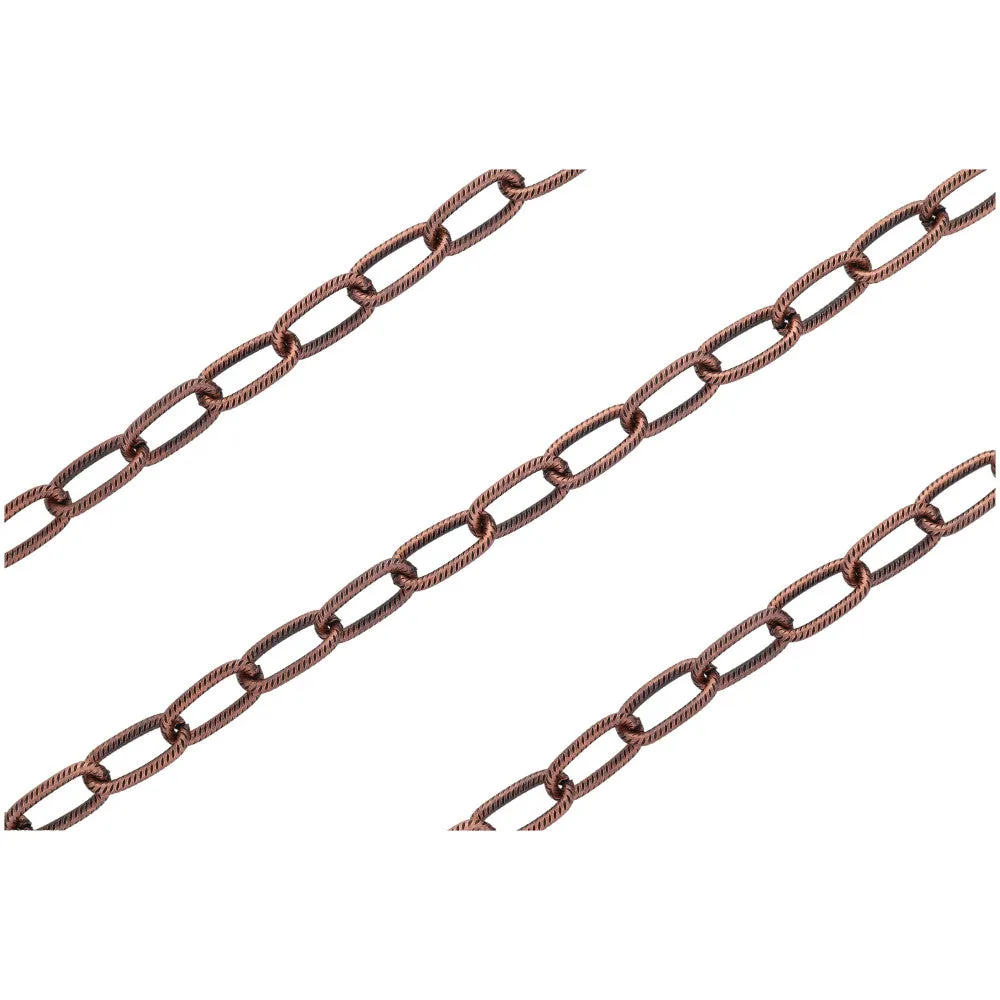 Antiqued Copper Plated Textured Long Link Cable Chain, 5mm x 11mm, by the Foot