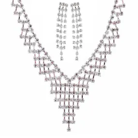 Bridal Wedding Jewelry Crystal Rhinestone Dazzle V Drop Necklace Set J661 Silver