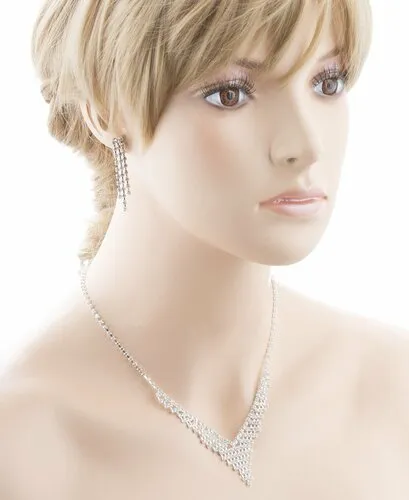 Bridal Wedding Jewelry Crystal Rhinestone Dazzle V Drop Necklace Set J661 Silver