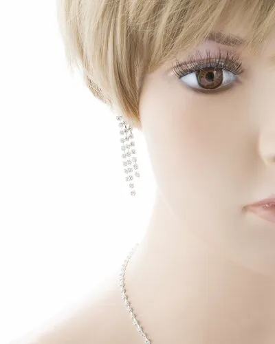 Bridal Wedding Jewelry Crystal Rhinestone Dazzle V Drop Necklace Set J661 Silver