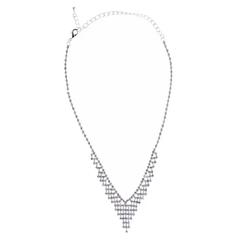 Bridal Wedding Jewelry Crystal Rhinestone Dazzle V Drop Necklace Set J661 Silver