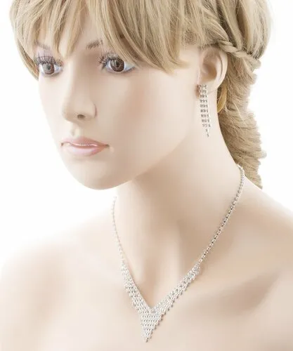 Bridal Wedding Jewelry Crystal Rhinestone Dazzle V Drop Necklace Set J661 Silver