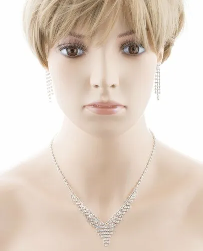 Bridal Wedding Jewelry Crystal Rhinestone Dazzle V Drop Necklace Set J661 Silver