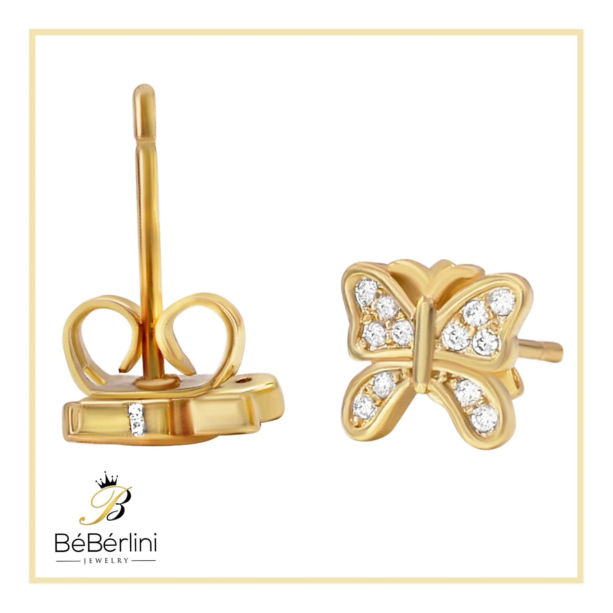 Butterfly Stud 14K Gold Plated Silver CZ Stud Earrings Cubic Zirconia Jewelry