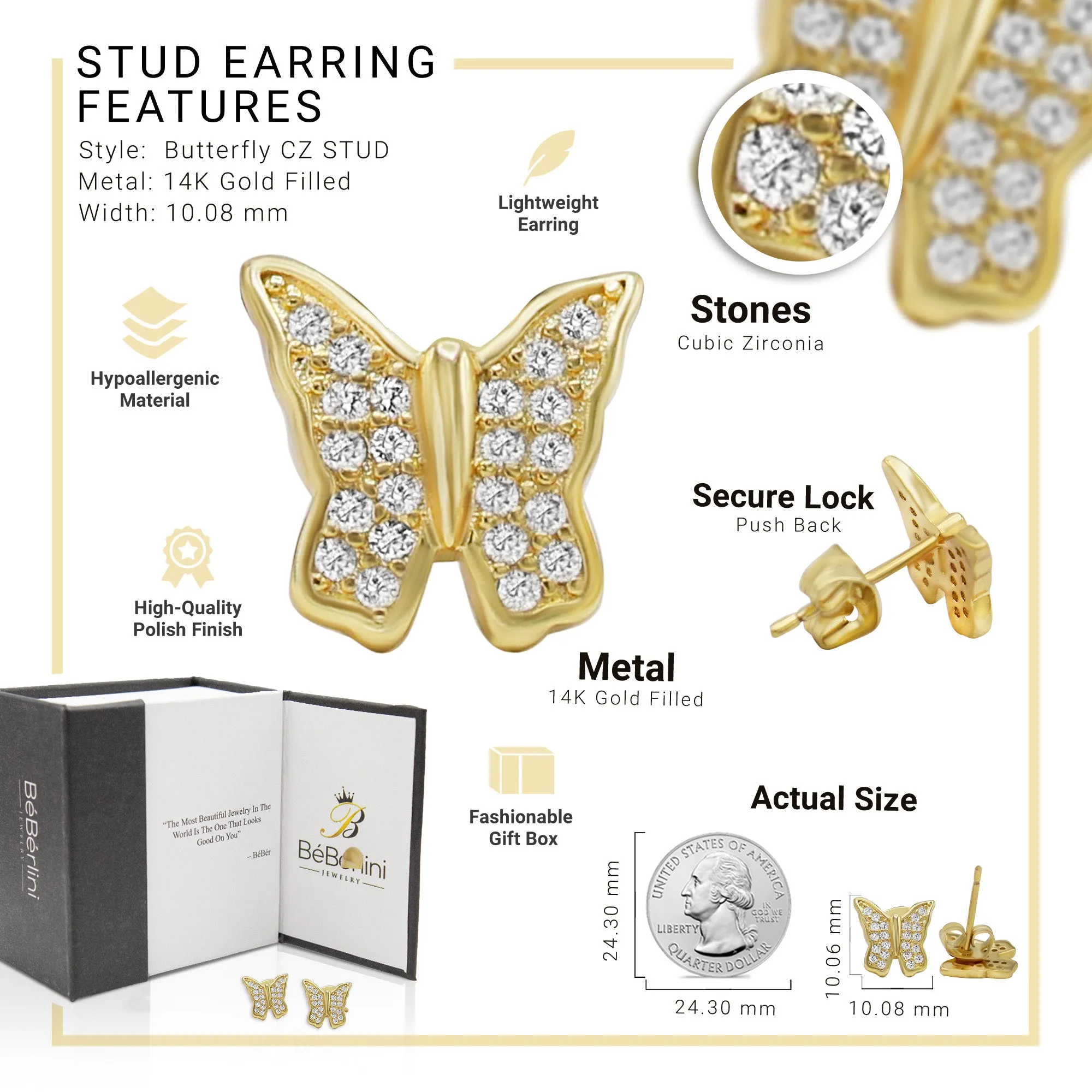 Butterfly Stud 14K Gold Plated Silver CZ Stud Earrings Cubic Zirconia Jewelry