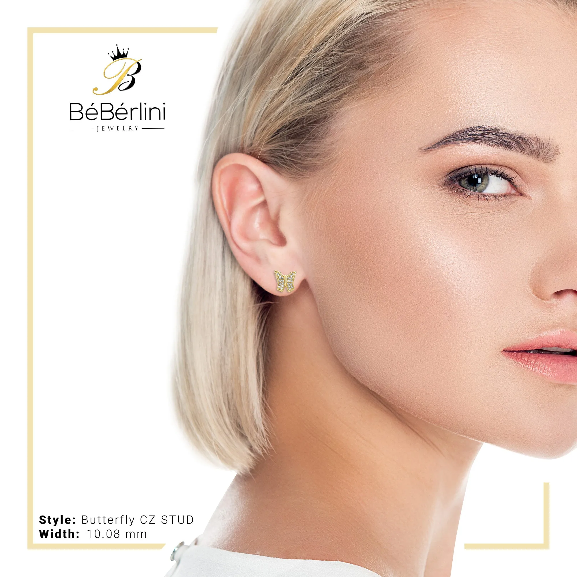 Butterfly Stud 14K Gold Plated Silver CZ Stud Earrings Cubic Zirconia Jewelry