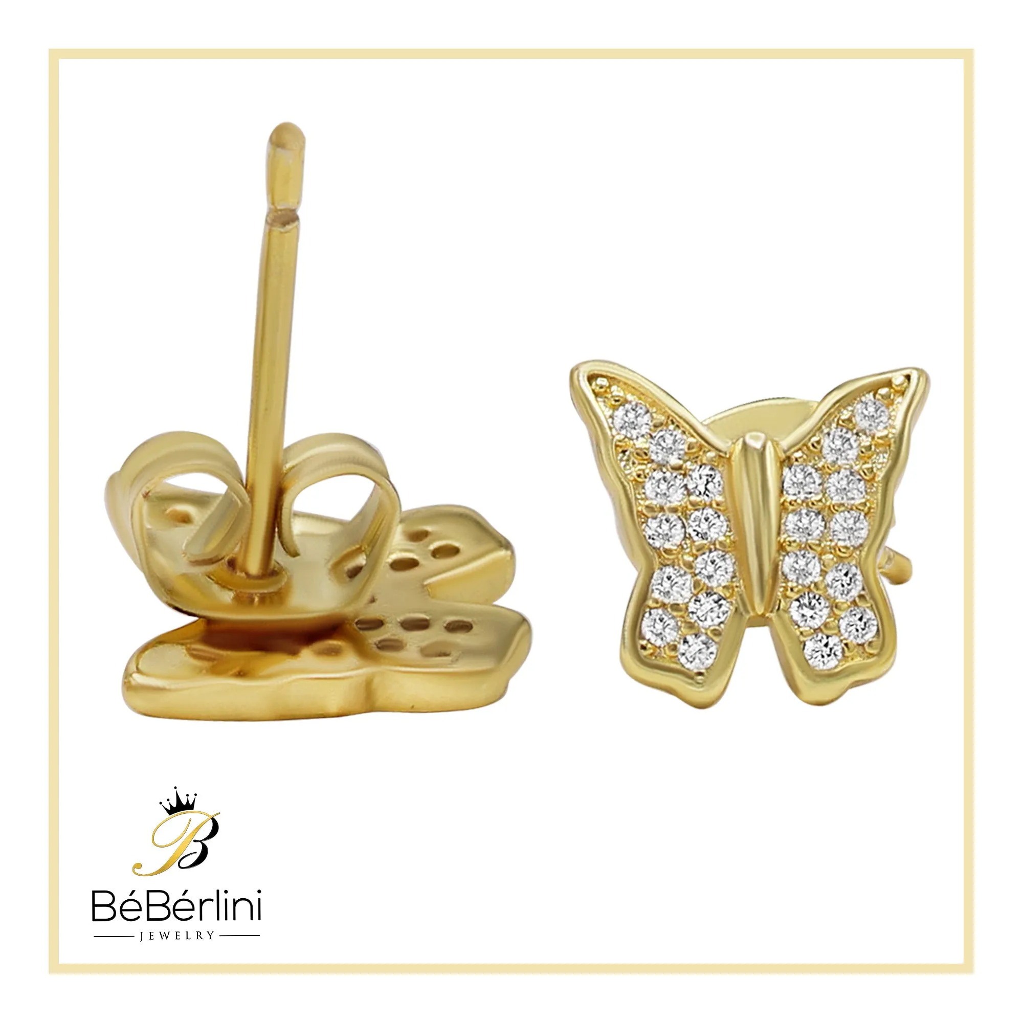 Butterfly Stud 14K Gold Plated Silver CZ Stud Earrings Cubic Zirconia Jewelry