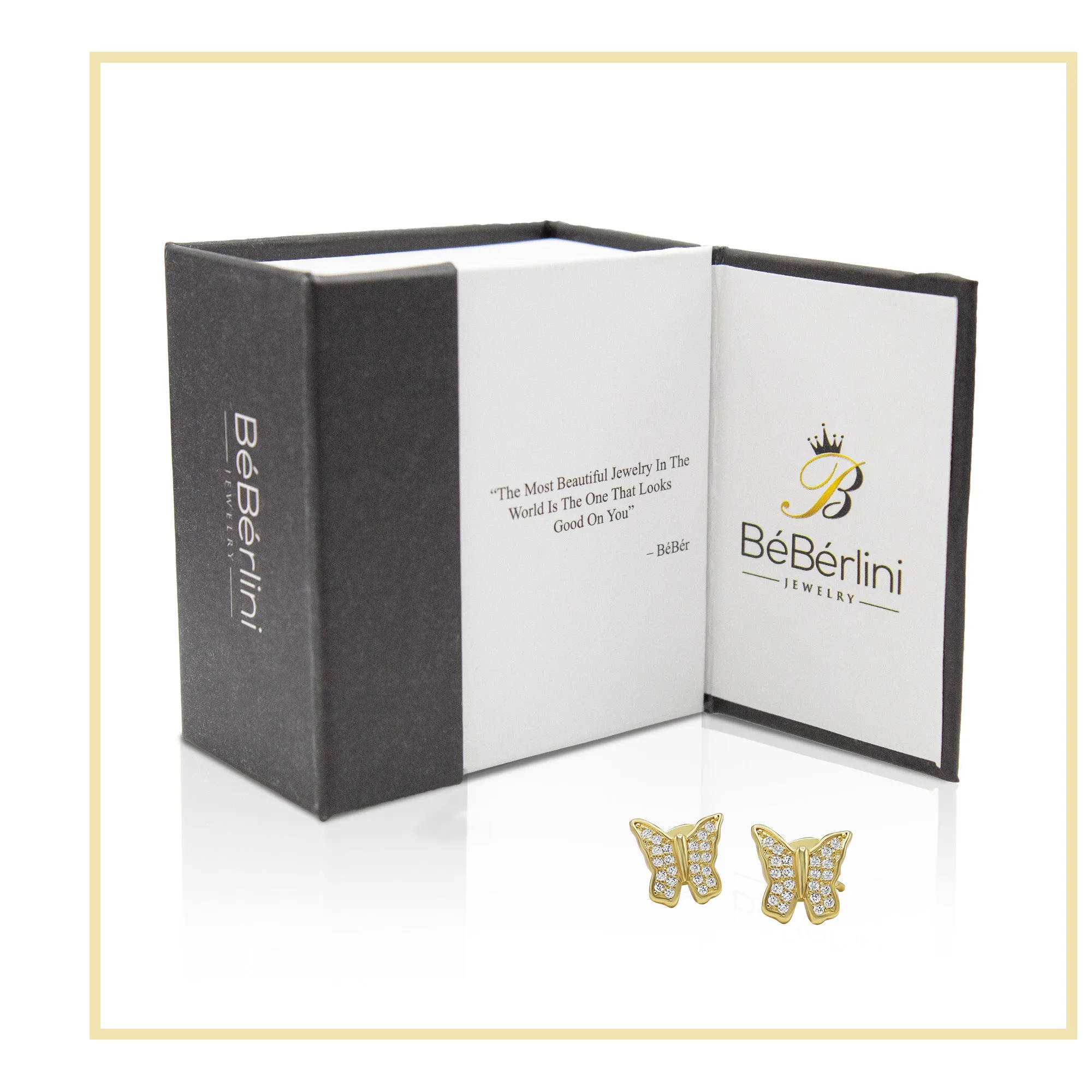 Butterfly Stud 14K Gold Plated Silver CZ Stud Earrings Cubic Zirconia Jewelry