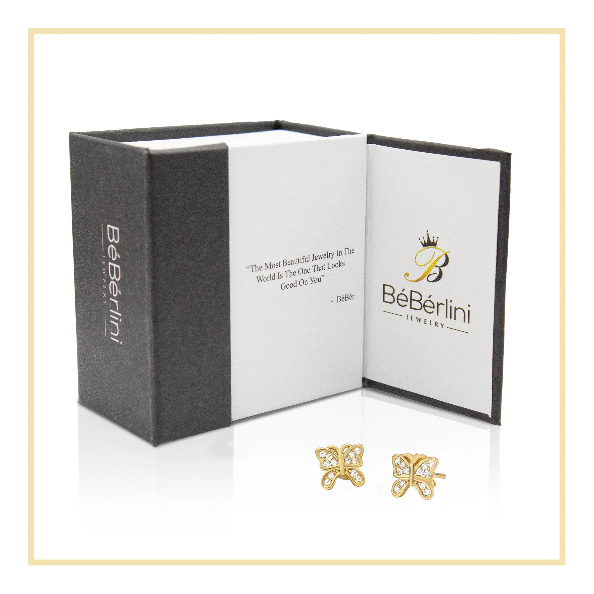 Butterfly Stud 14K Gold Plated Silver CZ Stud Earrings Cubic Zirconia Jewelry