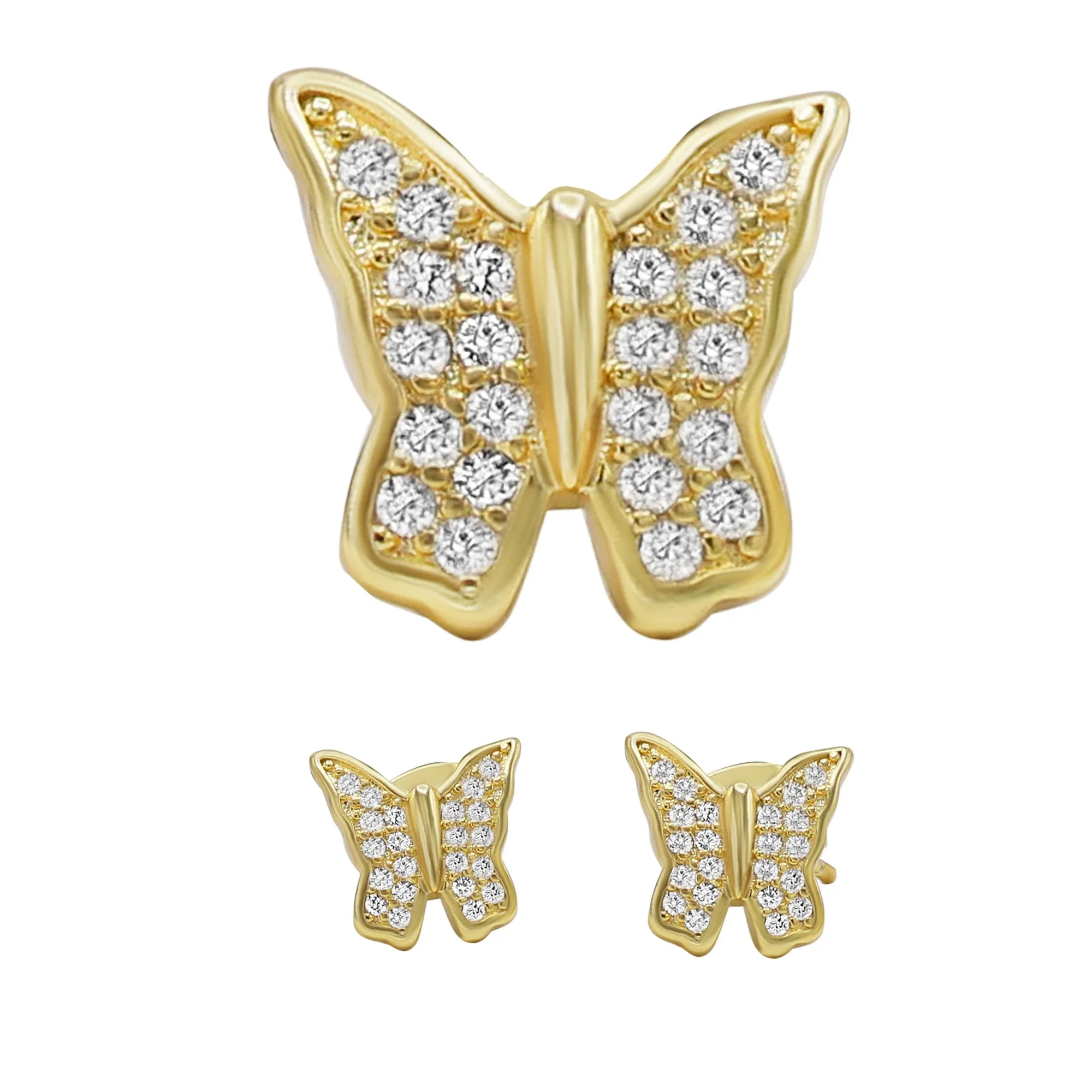 Butterfly Stud 14K Gold Plated Silver CZ Stud Earrings Cubic Zirconia Jewelry