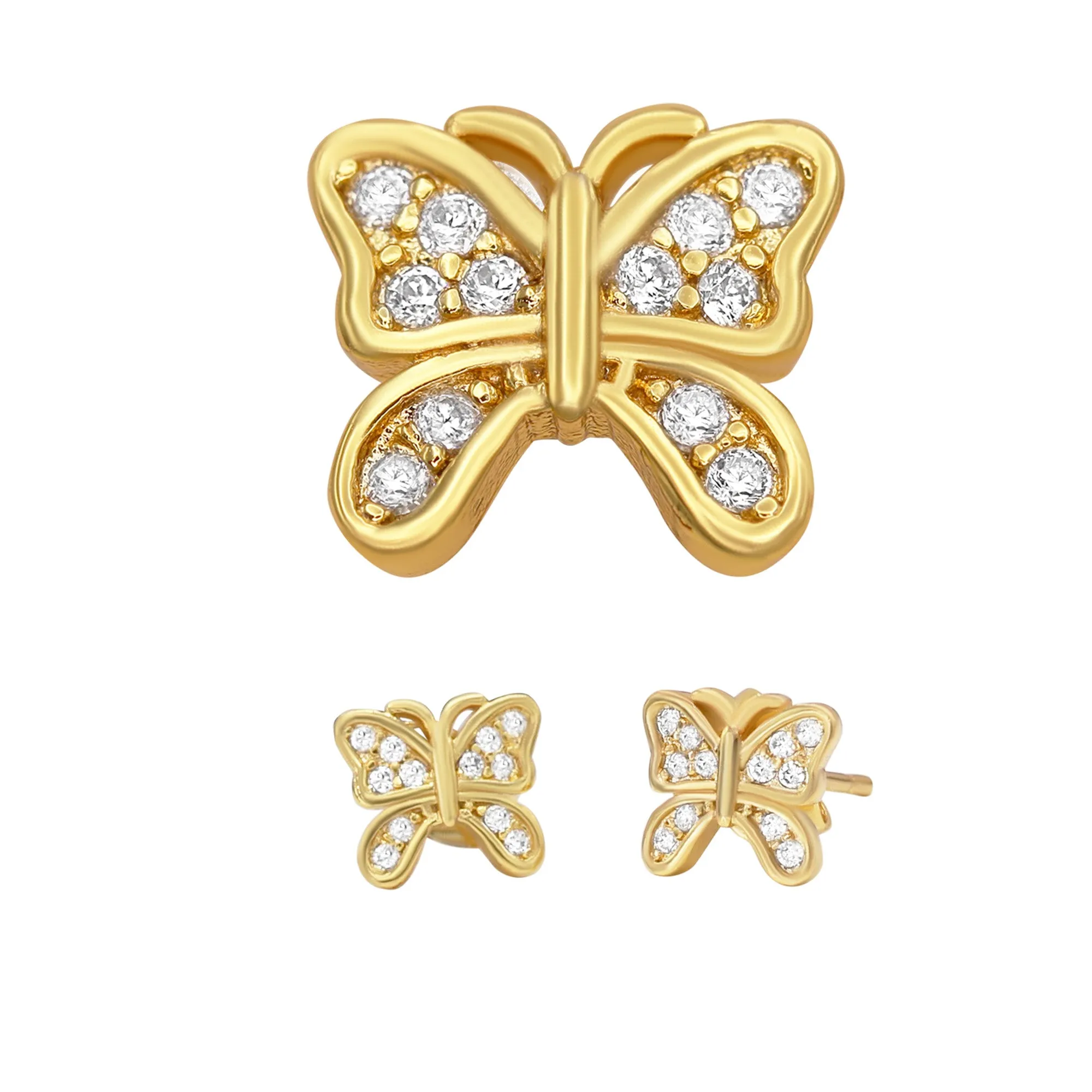 Butterfly Stud 14K Gold Plated Silver CZ Stud Earrings Cubic Zirconia Jewelry