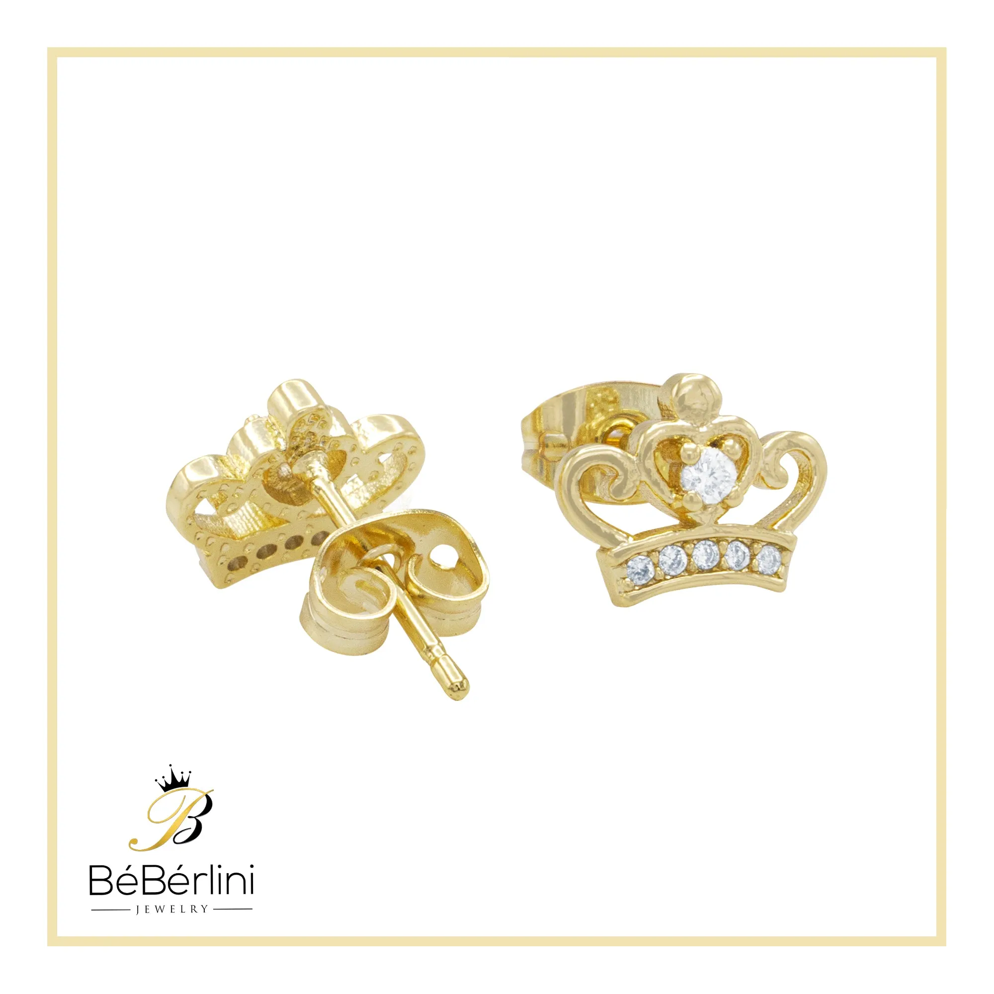 Crown 2 Earrings Cubic Zirconia Hip Hop 14K Gold Filled Silver Studs Jewelry Women