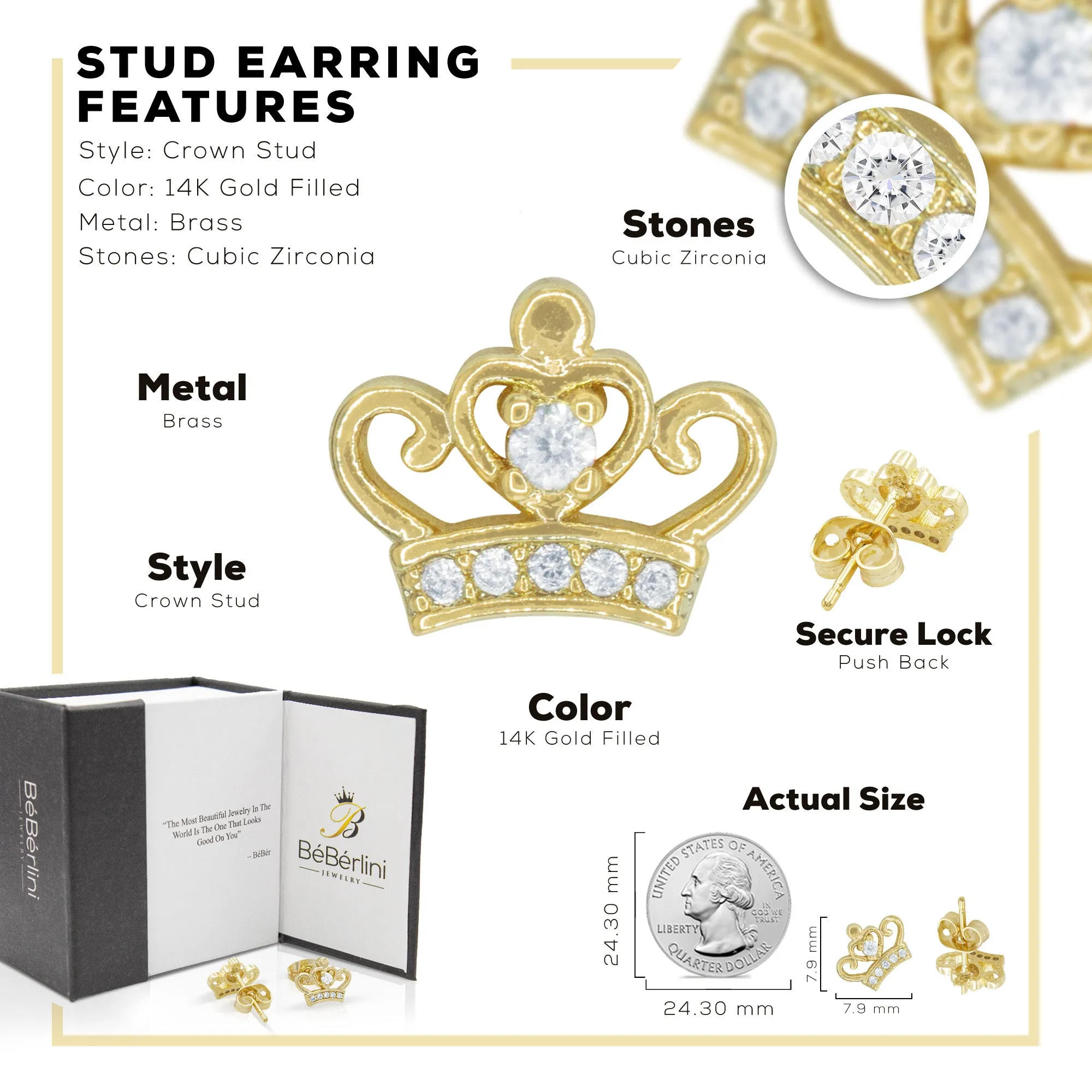 Crown 2 Earrings Cubic Zirconia Hip Hop 14K Gold Filled Silver Studs Jewelry Women