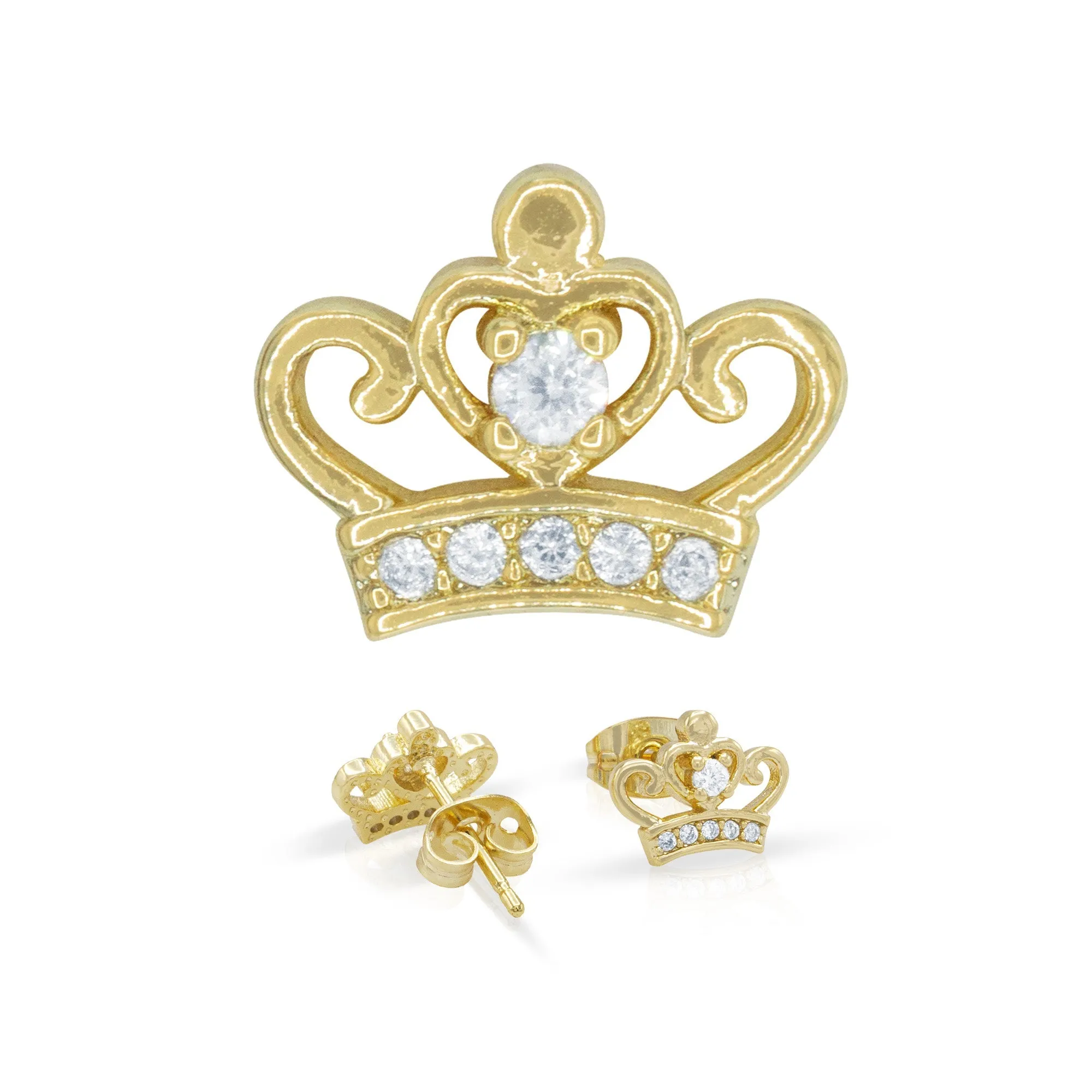 Crown 2 Earrings Cubic Zirconia Hip Hop 14K Gold Filled Silver Studs Jewelry Women