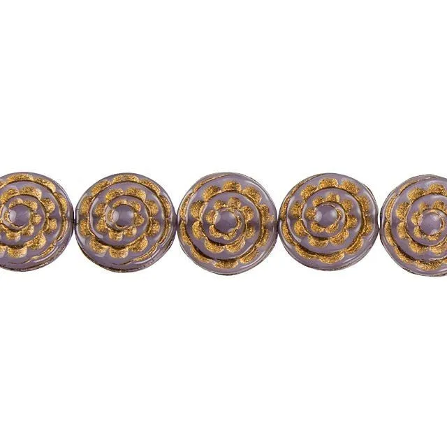 Czech Glass 13mm Lilac Purple Opaline with Dark Bronze Wash Sepal Spiral Flower Bead Strand by Raven's Journey