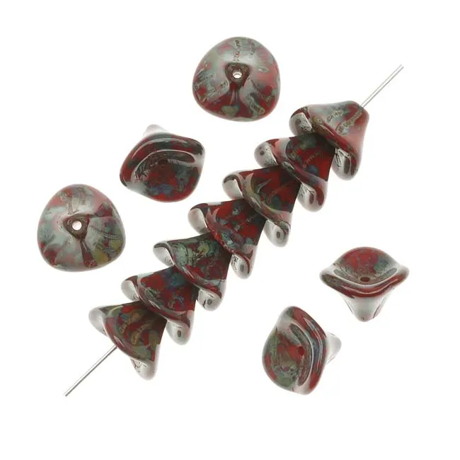 Czech Glass Beads Three Petal Flower 12mm Opaque Red/Picasso (12 pcs)
