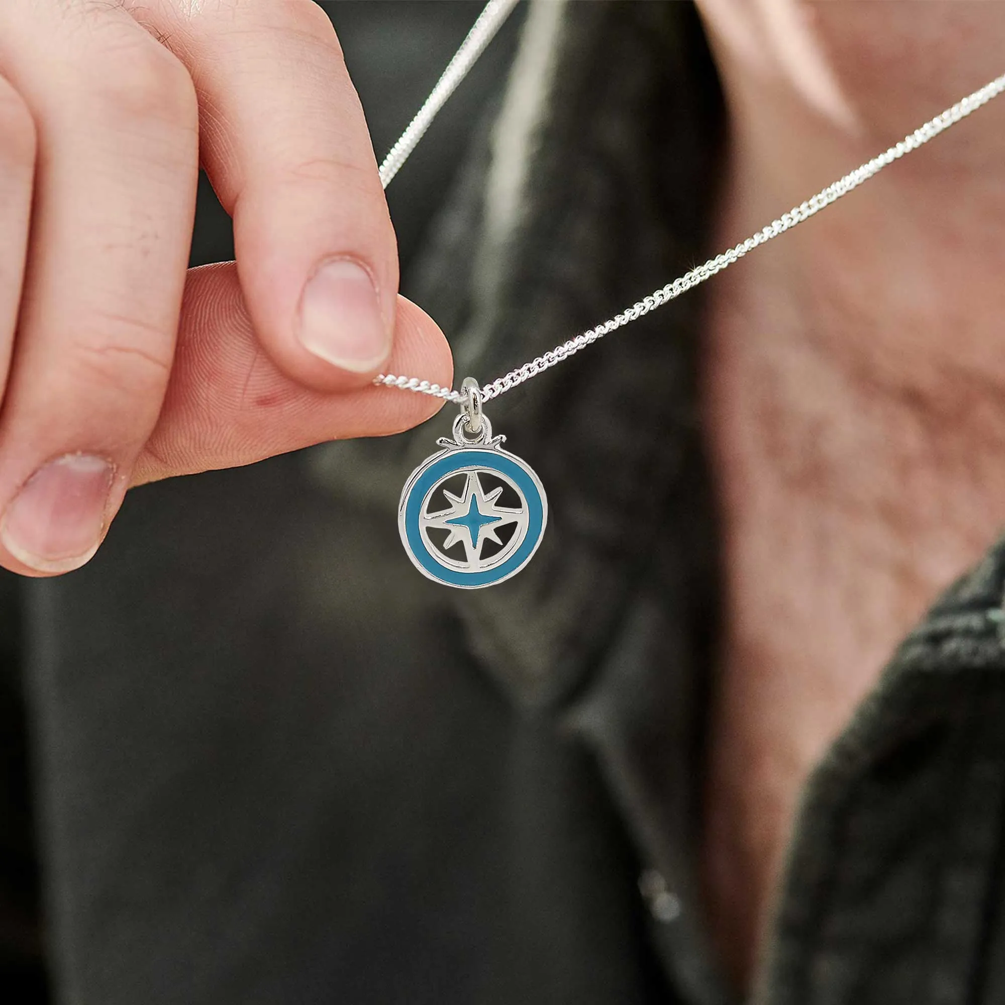 Enamel Outline Compass Small St Christopher Silver Necklace