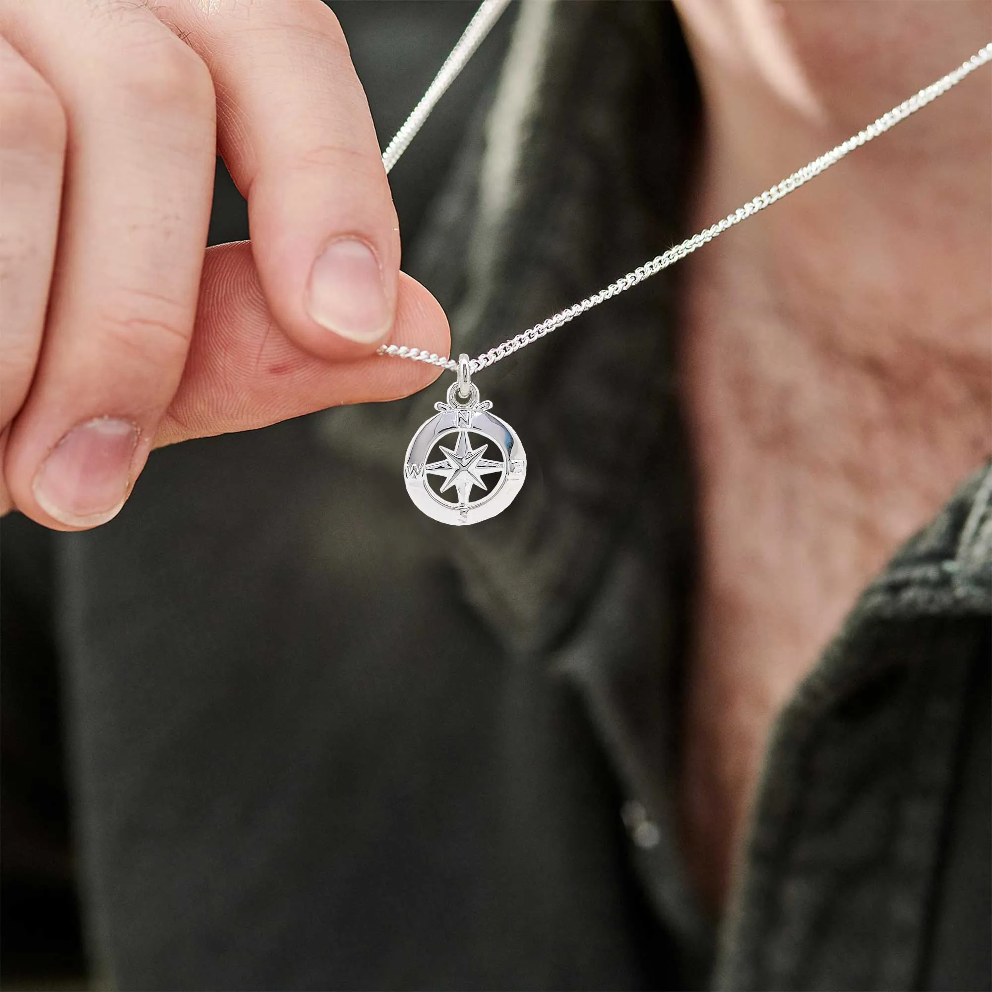 Enamel Outline Compass Small St Christopher Silver Necklace