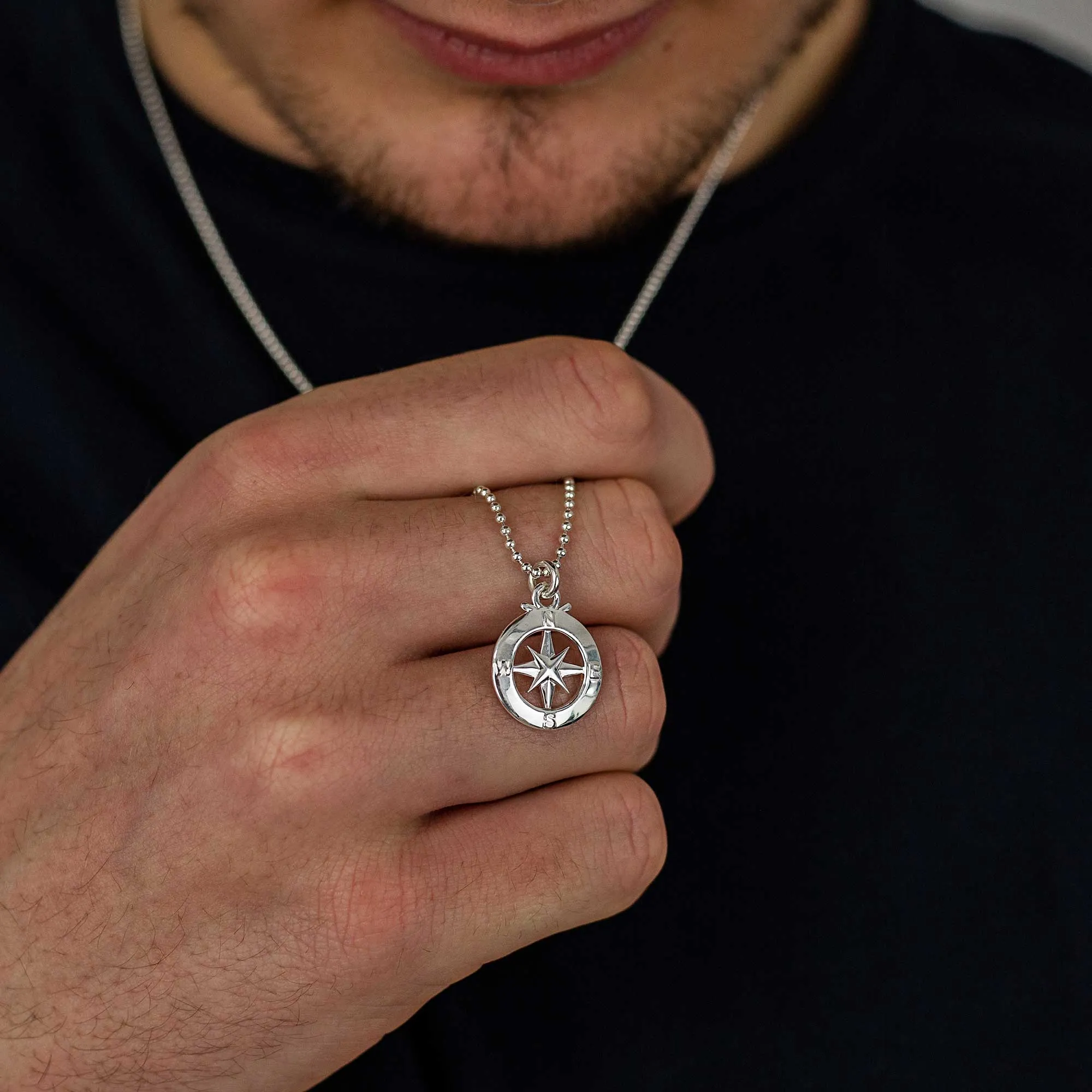 Enamel Outline Compass Small St Christopher Silver Necklace