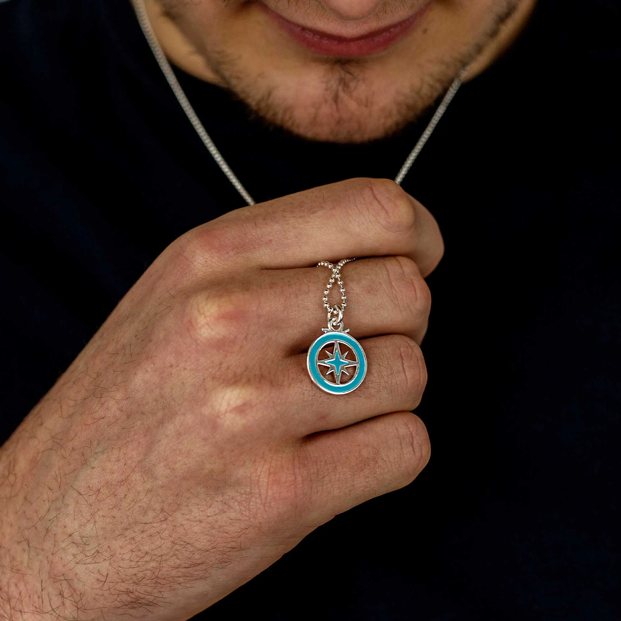 Enamel Outline Compass Small St Christopher Silver Necklace