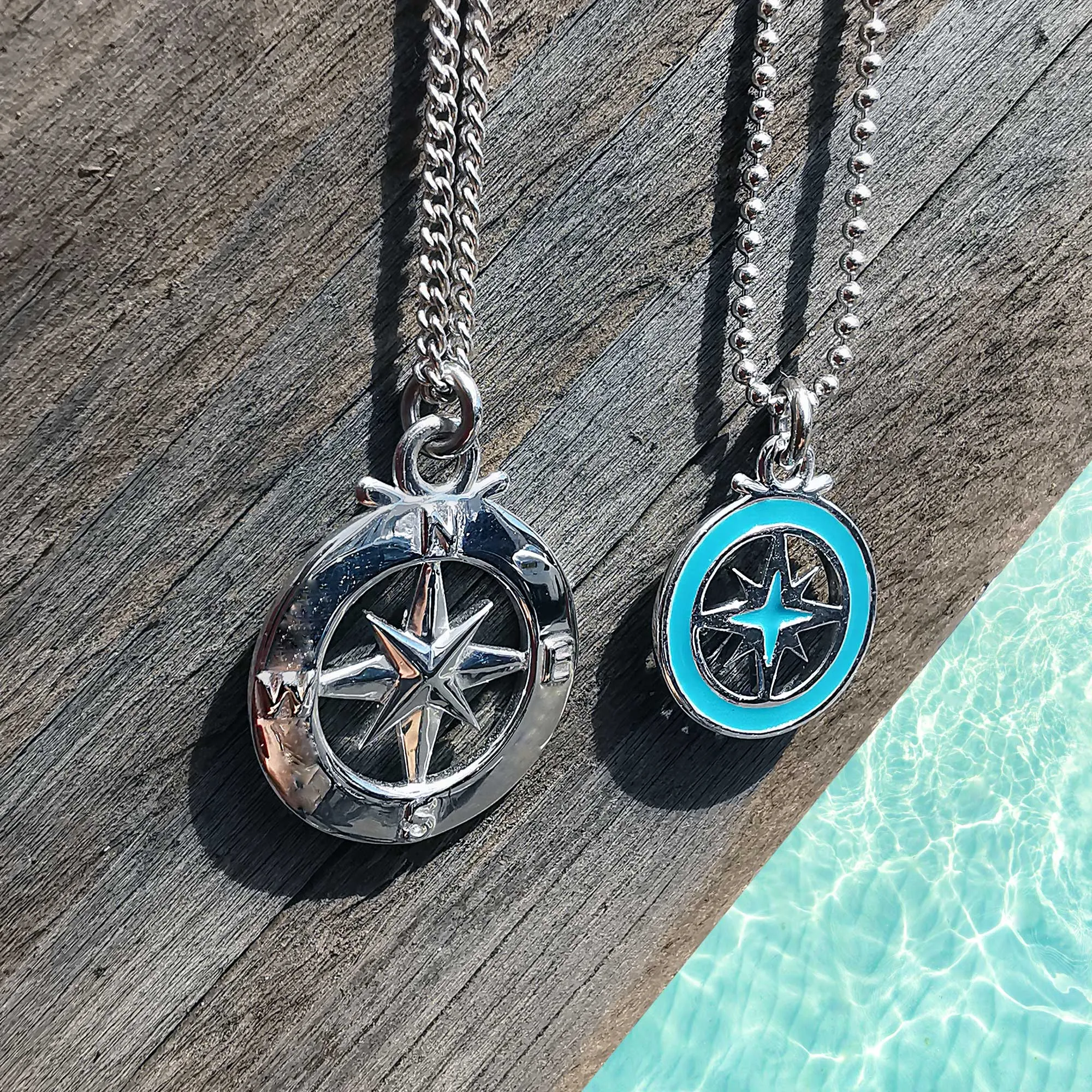 Enamel Outline Compass Small St Christopher Silver Necklace