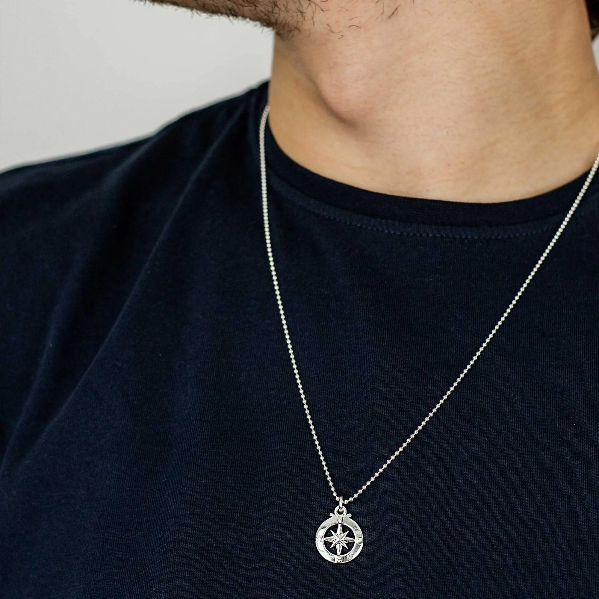 Enamel Outline Compass Small St Christopher Silver Necklace