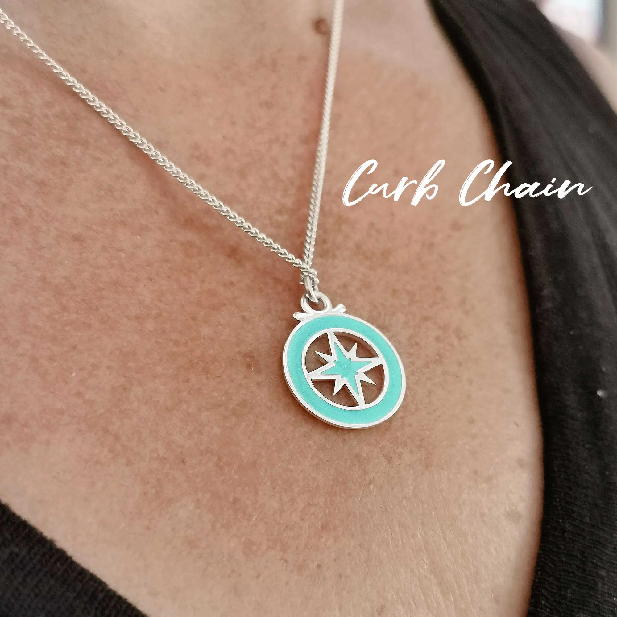 Enamel Outline Compass Small St Christopher Silver Necklace