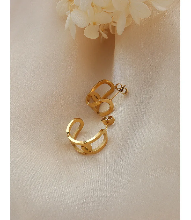 Korean Geometric Hollow Earrings in Titanium Steel with 18k Gold Accents