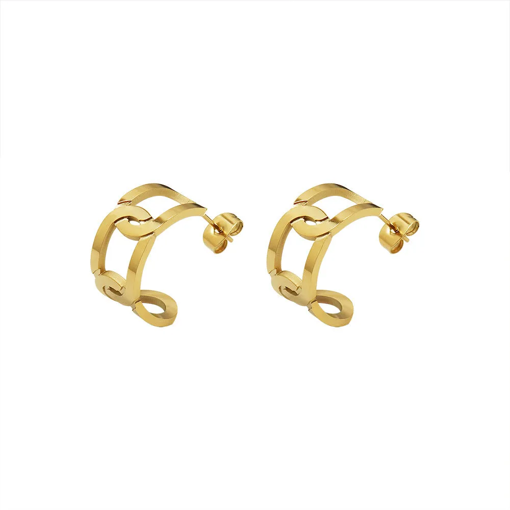 Korean Geometric Hollow Earrings in Titanium Steel with 18k Gold Accents