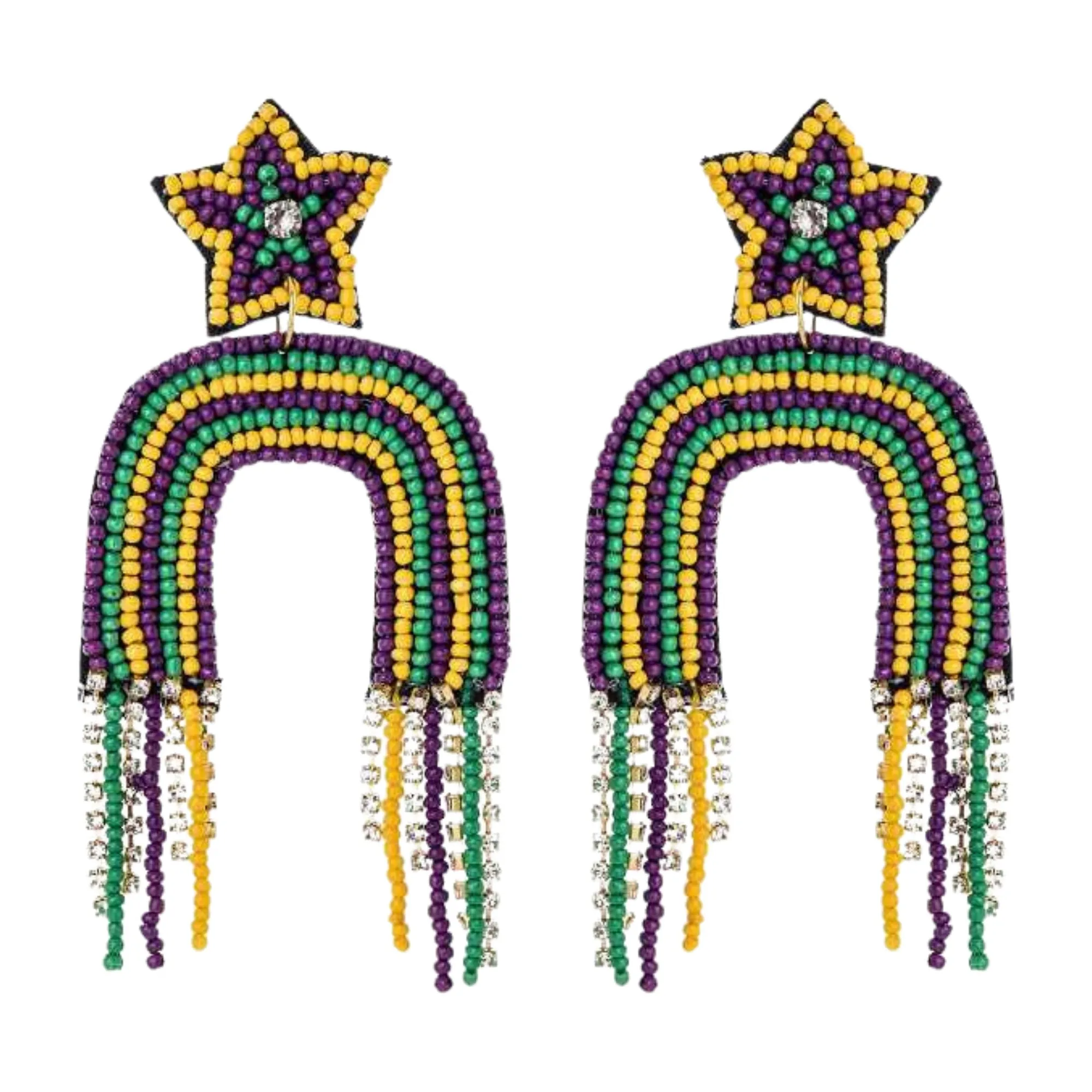 Mardi Gras Tassel Beaded Handmade Festive Rainbow Statement Earrings