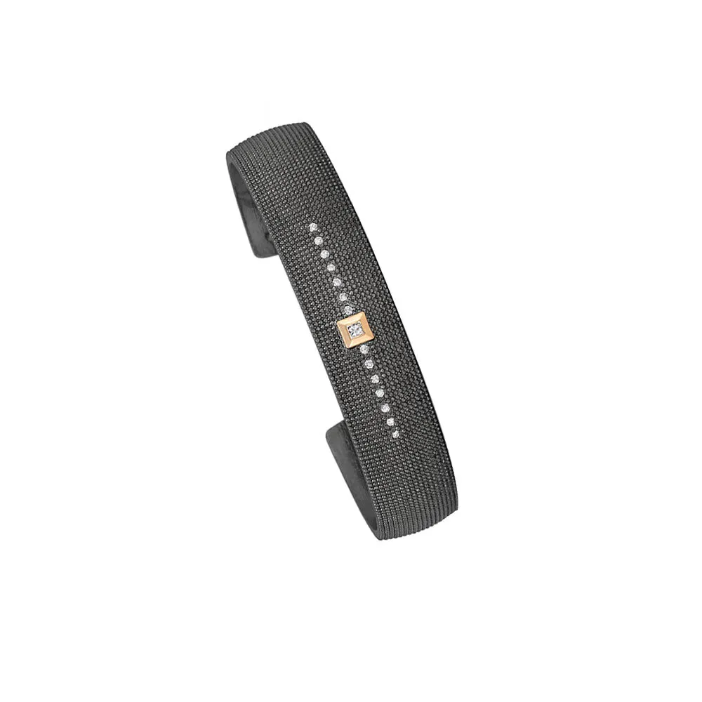 Sterling Silver Black Rhodium NAN Textured Cuff Bracelet with Diamonds